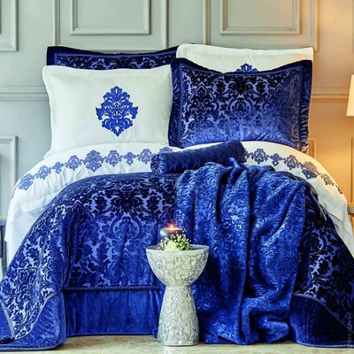 Набір постільна білизна з покривалом + плед Karaca Home Volante lacivert синій (10 предметів) 127152 фото