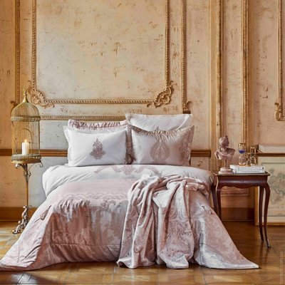 Набор постельное белье с покрывалом + плед Karaca Home Adrila rosegold золотисто-розовый евро 107602 фото