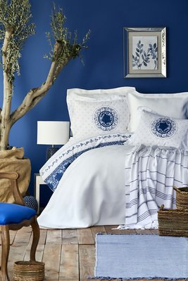 Набор постельное белье с пледом и покрывалом Karaca Home Belina mavi 2019-2 голубой евро 64936 фото
