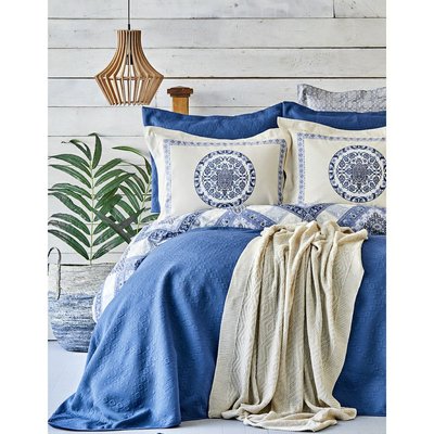 Набор постельное белье с пледом и покрывалом Karaca Home Levni mavi 2020-1 синий евро 69686 фото