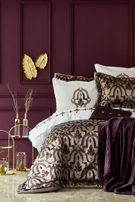 Набор постельное белье с пледом и покрывалом Karaca Home Morocco purple-gold 2019-2 золотой евро 64940 фото