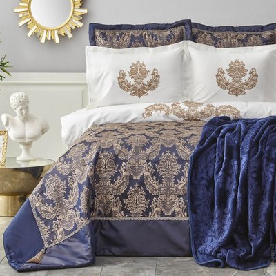 Набор постельное белье с покрывалом + плед Karaca Home Helena lacivert синий евро 119953 фото