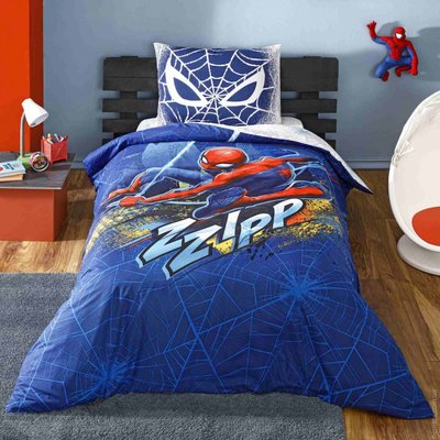Постільна білизна TAC Ranforce Disney Spiderman blue City з простирадлом на гумці 125499 фото