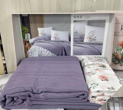 Постільна білизна First choice Deluxe pike Sole бузковий набір з піке покривалом євро 206806 фото
