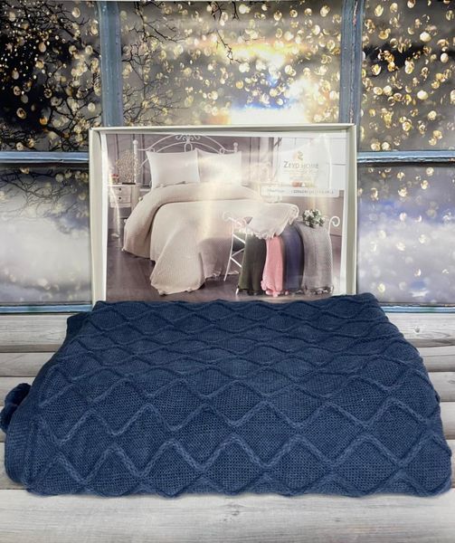 В'язаний плед - покривало Zeyd Home з помпонами 220x240 см синій 214733 фото