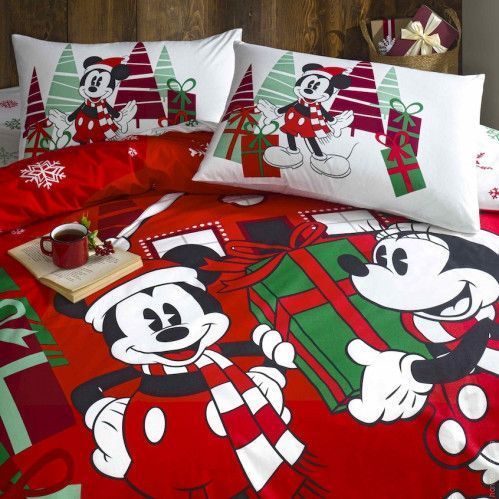 Постельное белье TAC Ranforce Minnie & Mickey Christmas евро с простыней на резинке 125156 фото