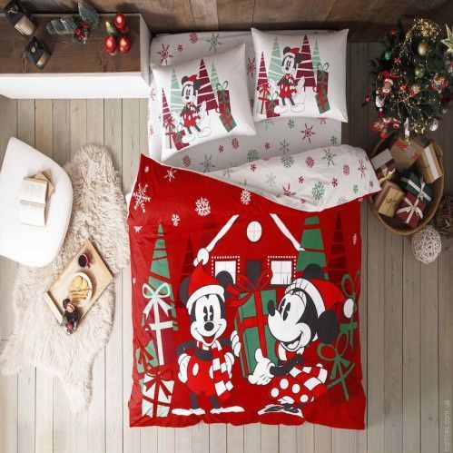 Постельное белье TAC Ranforce Minnie & Mickey Christmas евро с простыней на резинке 125156 фото