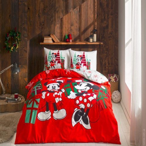 Постельное белье TAC Ranforce Minnie & Mickey Christmas евро с простыней на резинке 125156 фото