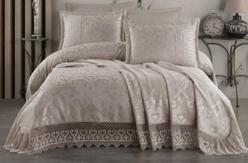 Покрывало жаккардовое с кружевом Moda Box Meryem 240x260 см с наволочками молочное 202039 фото