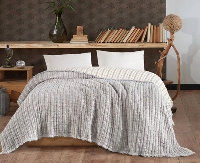 Муслинове покривало Moss Home 230x250 см Вузька смужка крем-сірий 213007 фото