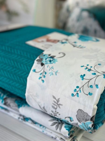 Постельное белье с пике - покрывалом Romeo Home изумрудное с цветами евро 209096 фото