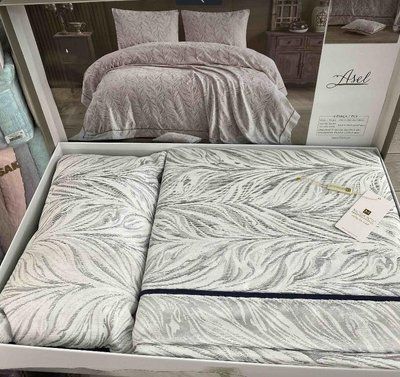 Покривало жакардове Moda Box Asel 240x260 см сіре з наволочками та декоративною подушкою 210825 фото