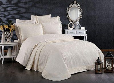 Покривало жакардове з мереживом Finezza Home Diva krem 250x260 см з наволочками 50х70 см молочне 217015 фото